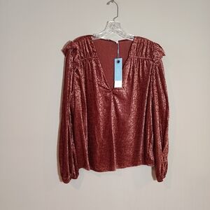 Tanya Taylor Lucy Top Textured Velvet Balloon Sleeves Blouse Rose XL New Nwt